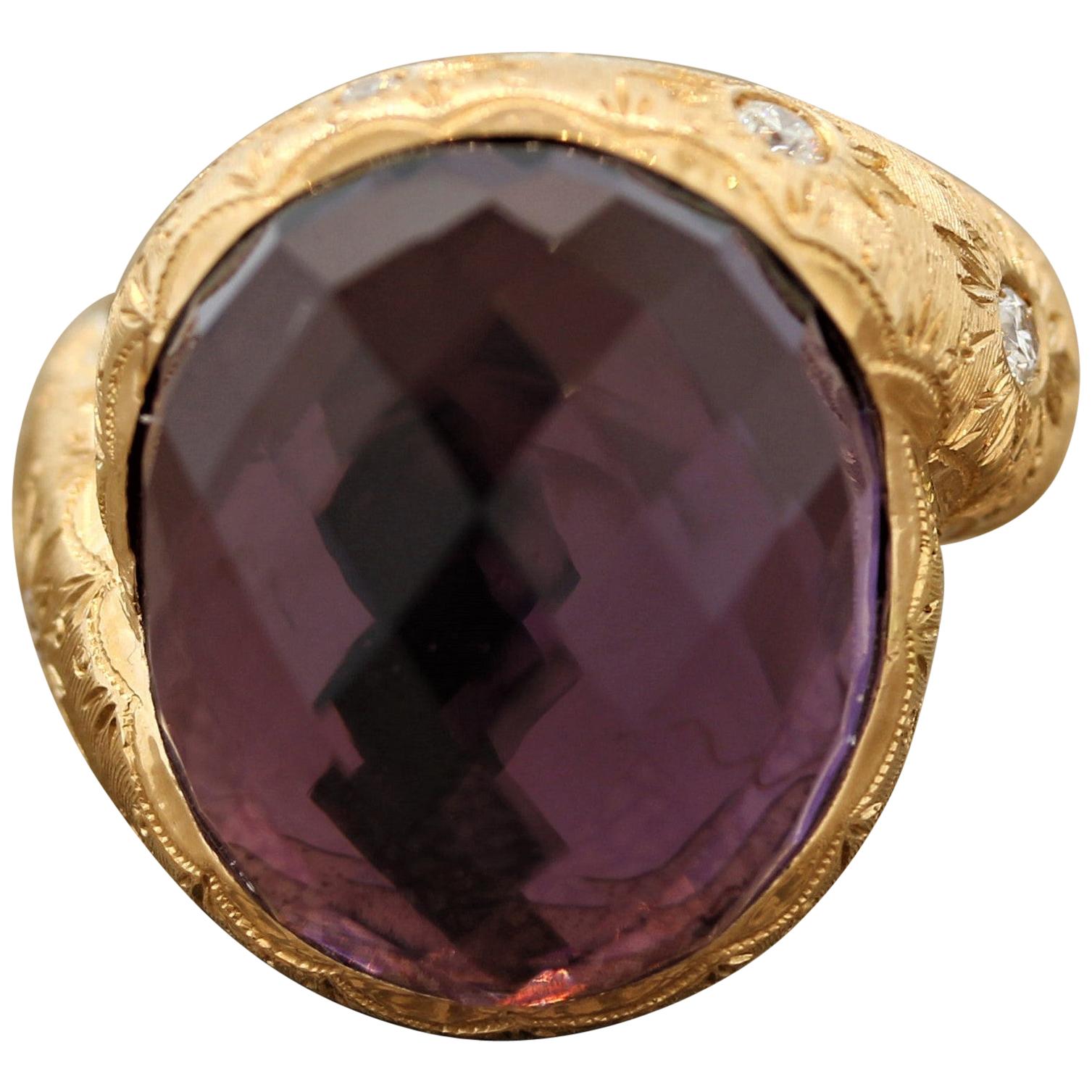 Italian Amethyst Diamond Gold Cocktail Ring For Sale
