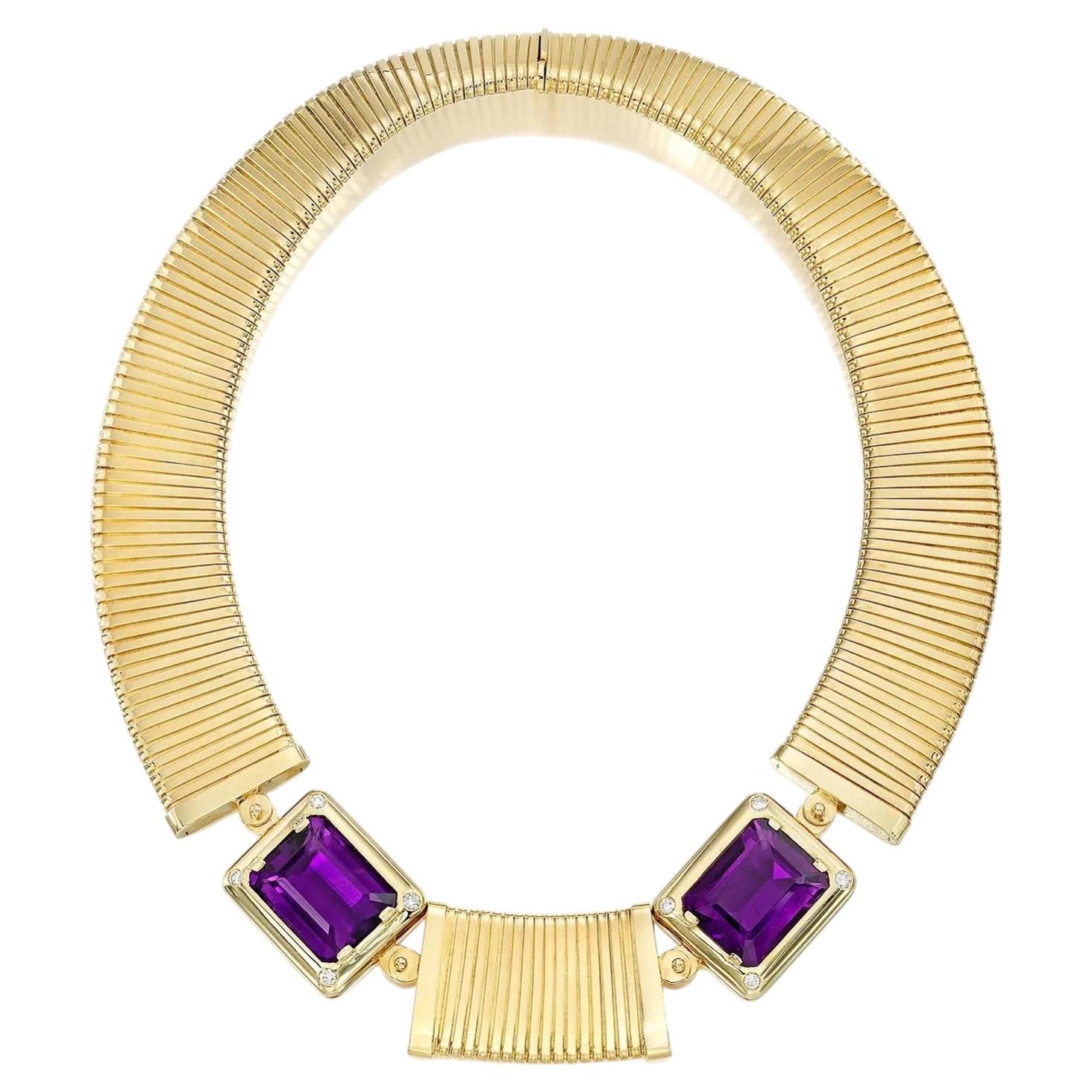 Collar Italiano Amatista y Diamantes, Oro 18K