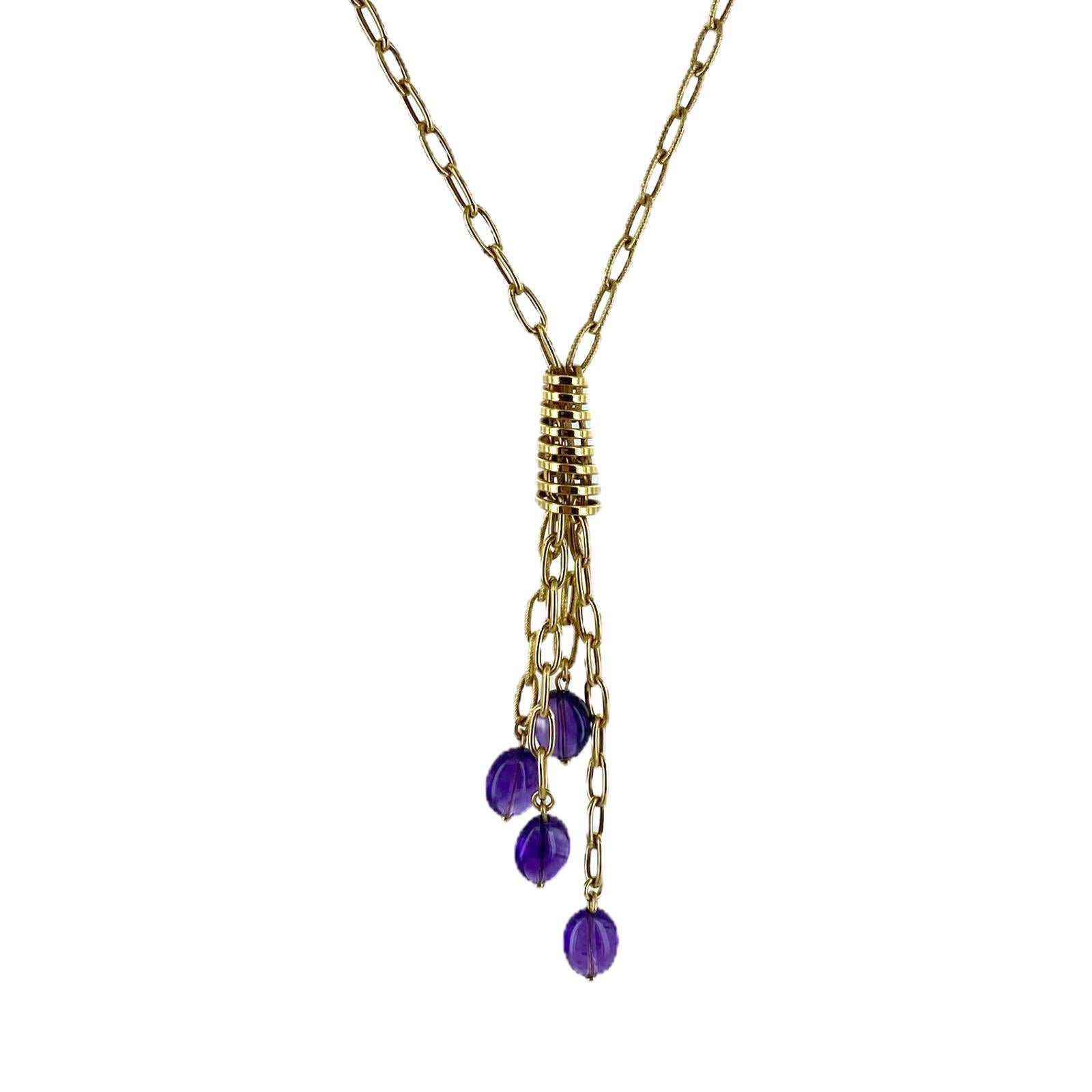 Modern Italian Amethyst Drop 18 Karat Yellow Gold Link Necklace