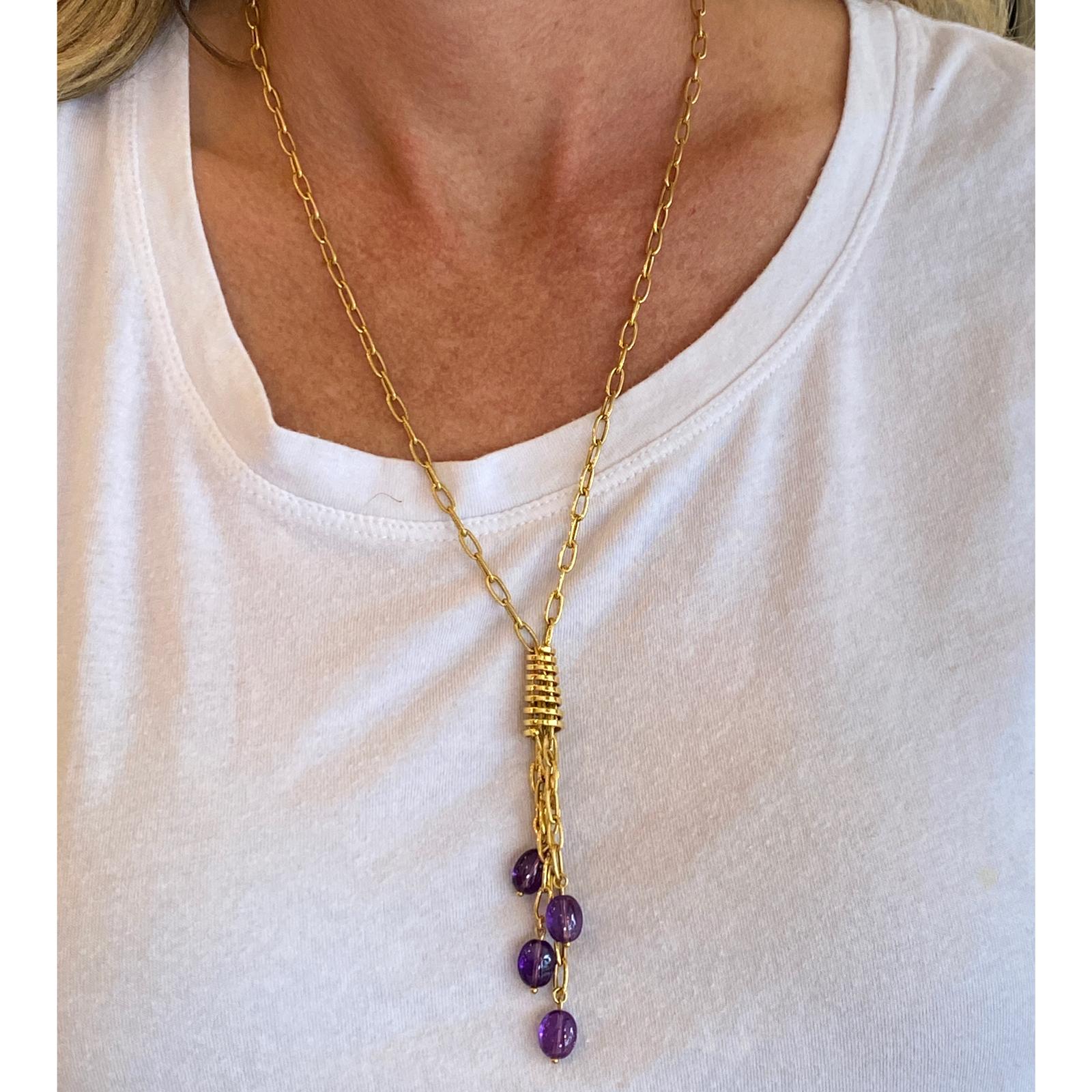 Cabochon Italian Amethyst Drop 18 Karat Yellow Gold Link Necklace