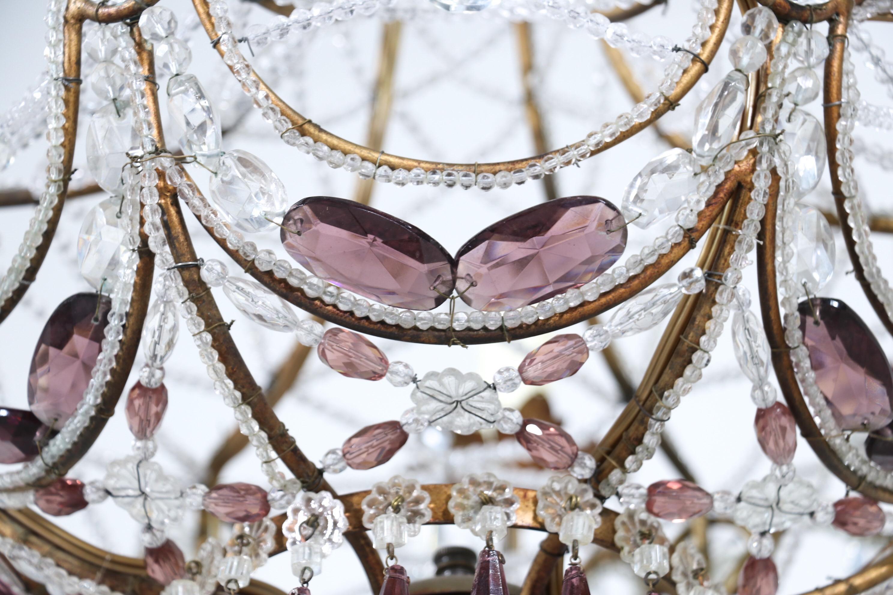 Italian Amethyst Glass and Crystal Beaded Chandelier 1