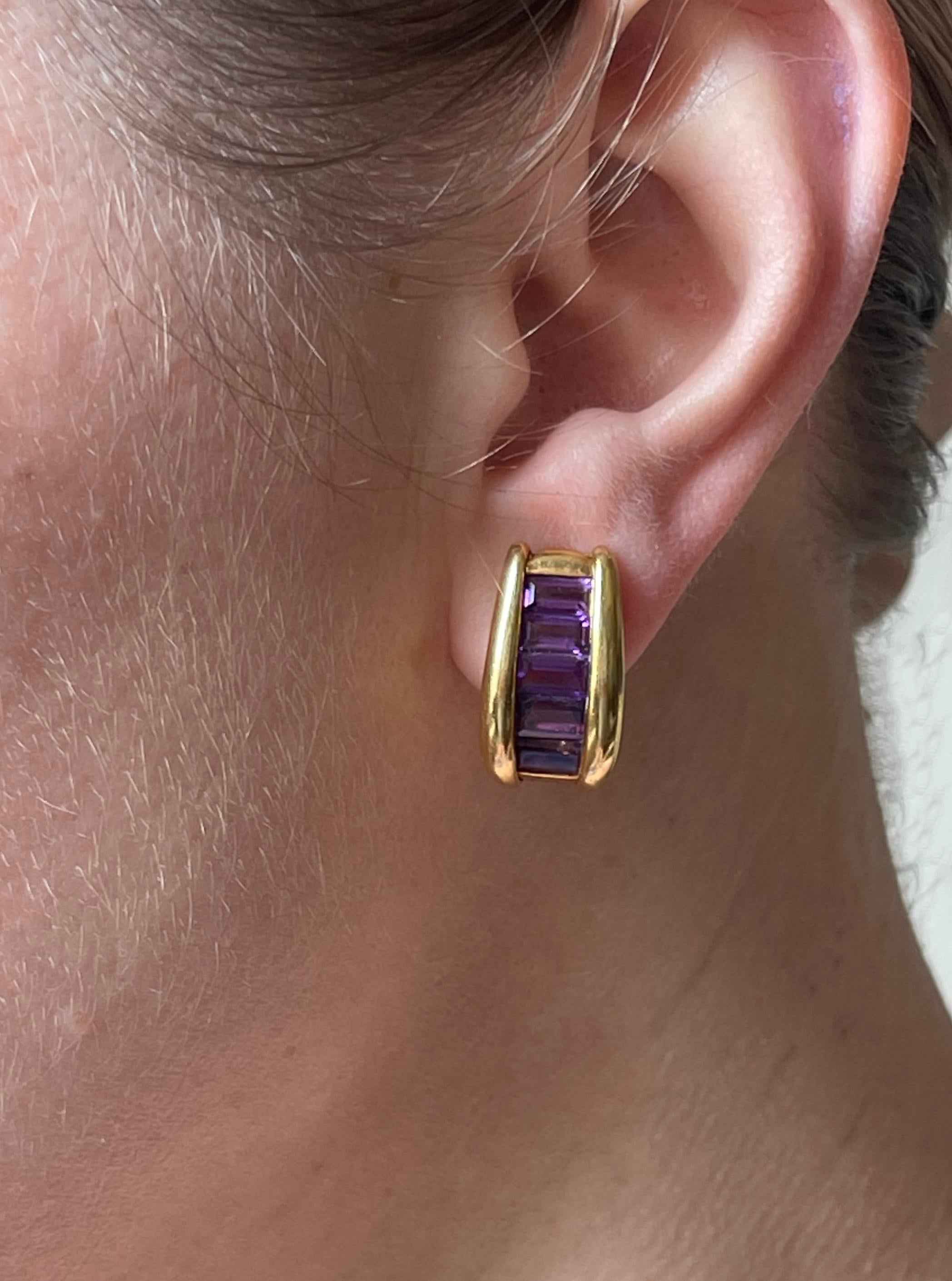 Baguette Cut Italian Amethyst Gold Half Hoop Earrings For Sale