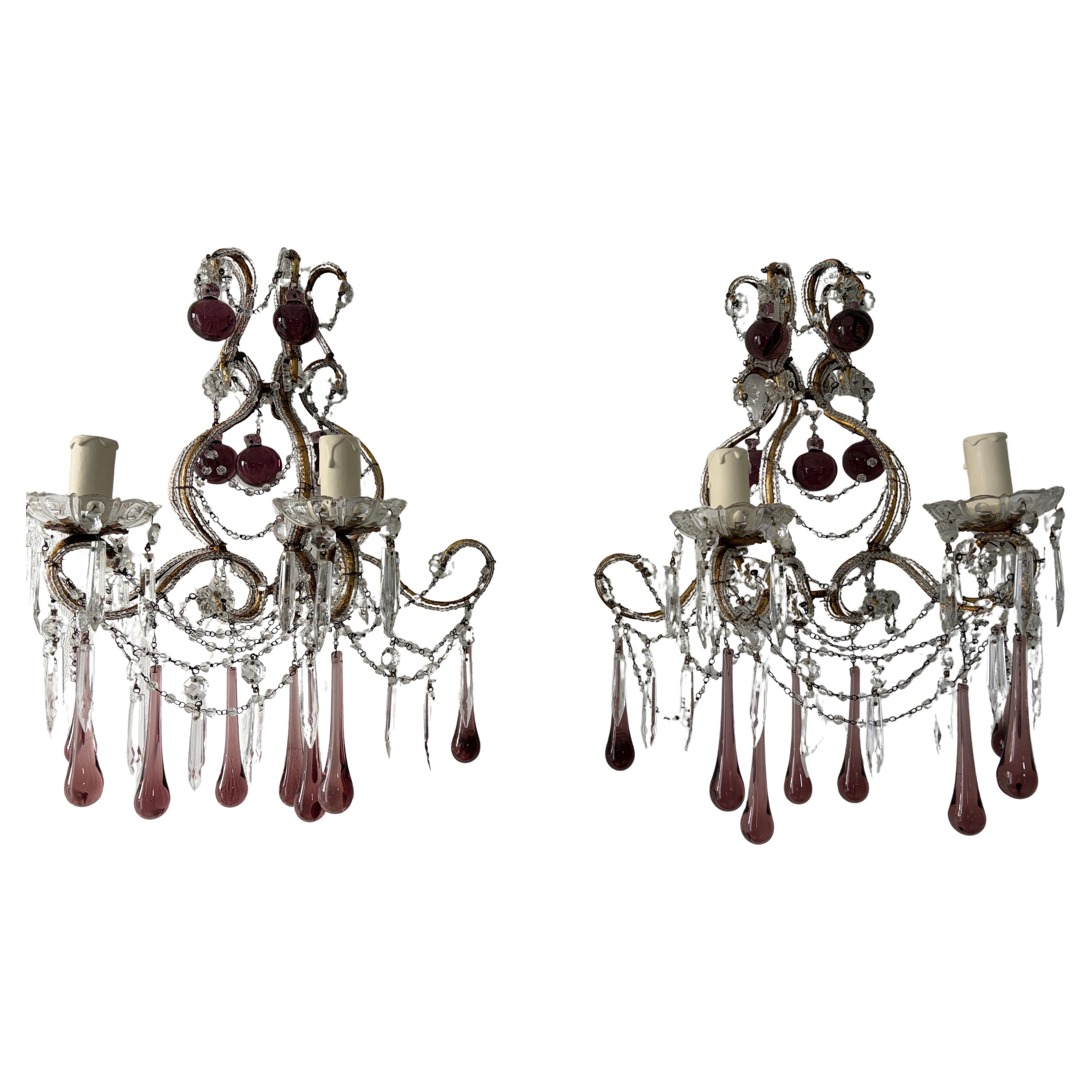 Italian Amethyst Murano Drops 
Balls Beaded Sconces Hand Tied Swag Crystals