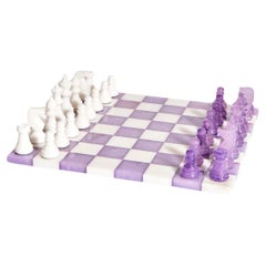 Grand jeu d'échecs italien en albâtre blanc/améthyste