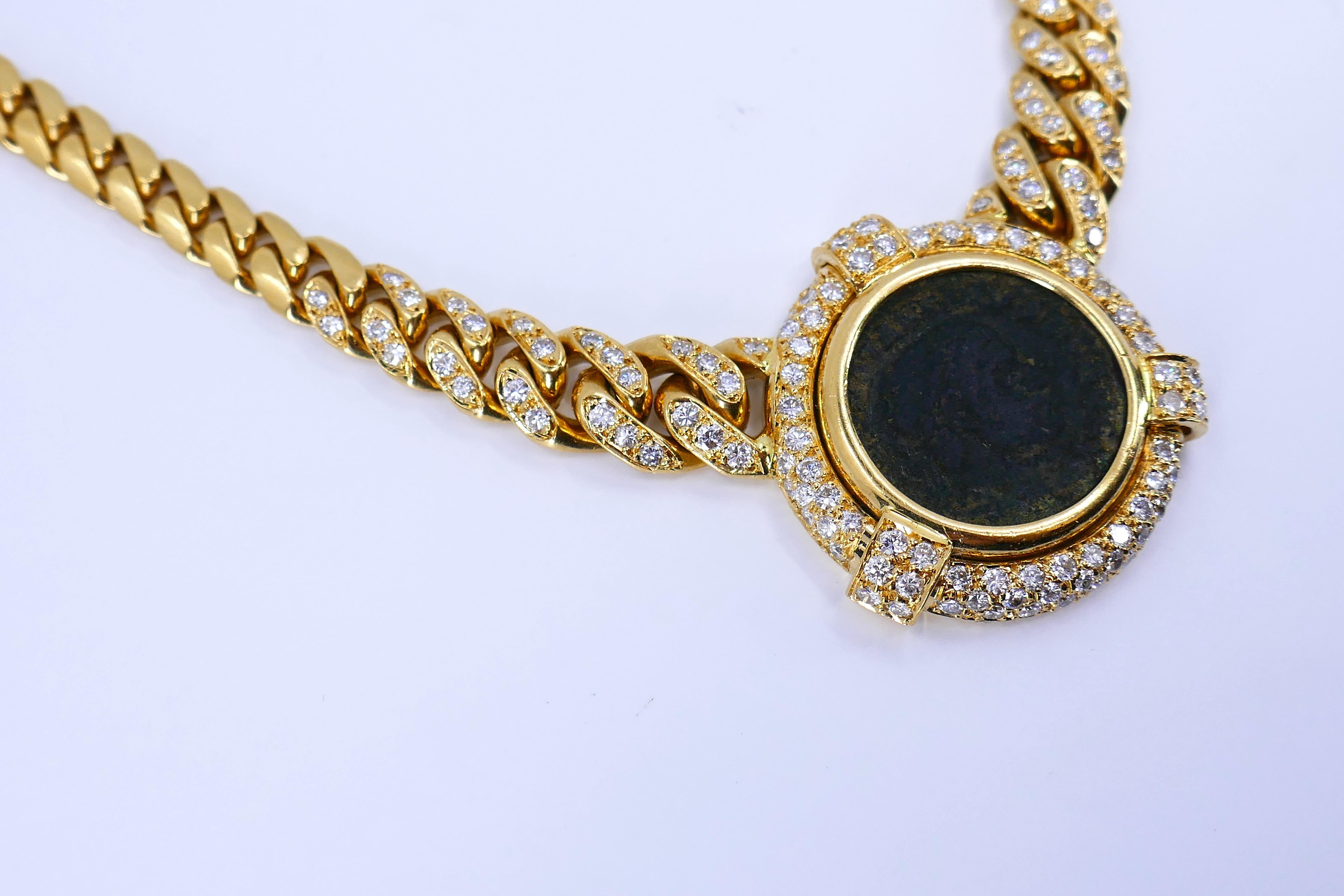 Italian Ancient Coin 18k Gold Diamond Necklace In Good Condition For Sale In Beverly Hills, CA