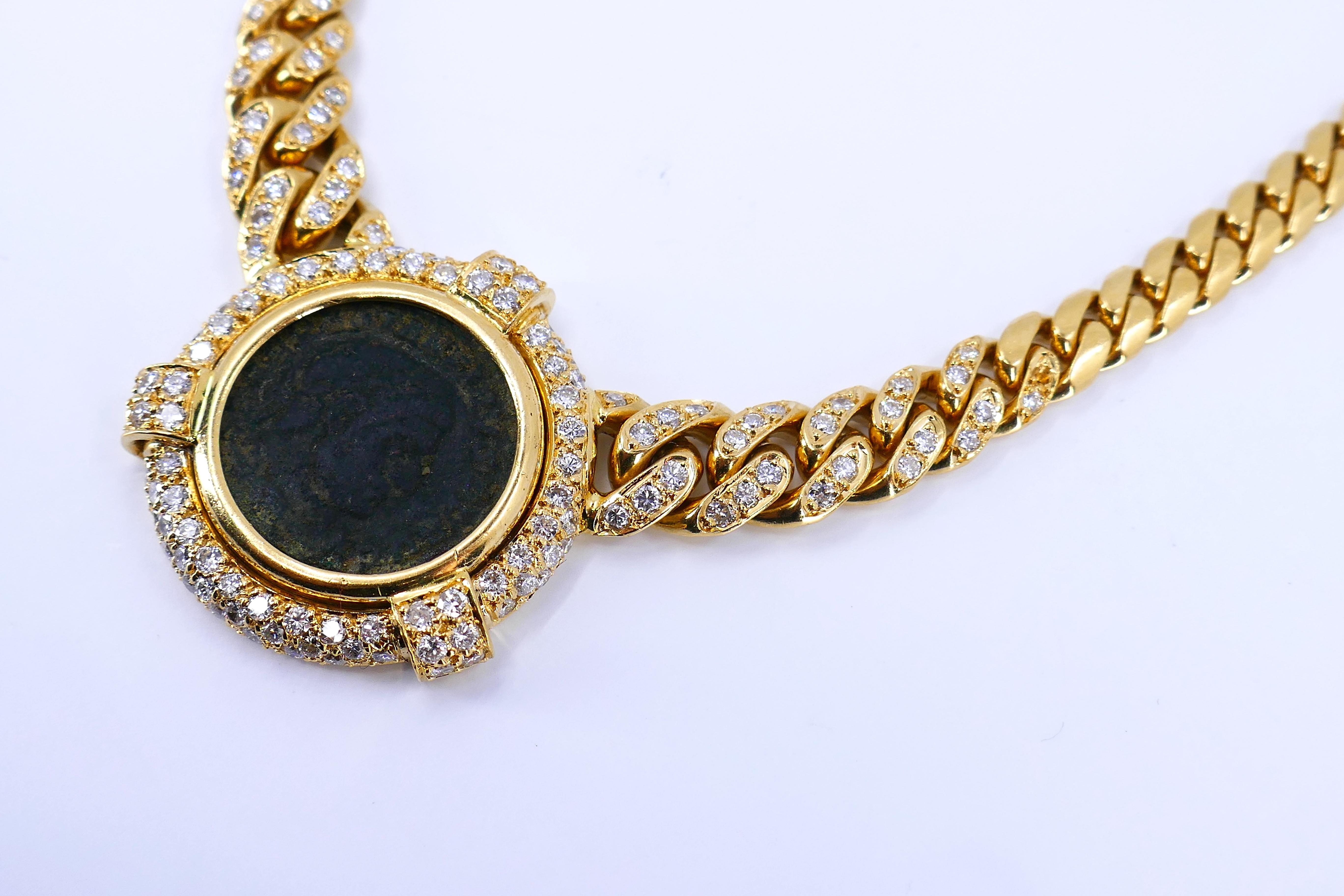 Women's Italian Ancient Coin 18k Gold Diamond Necklace For Sale