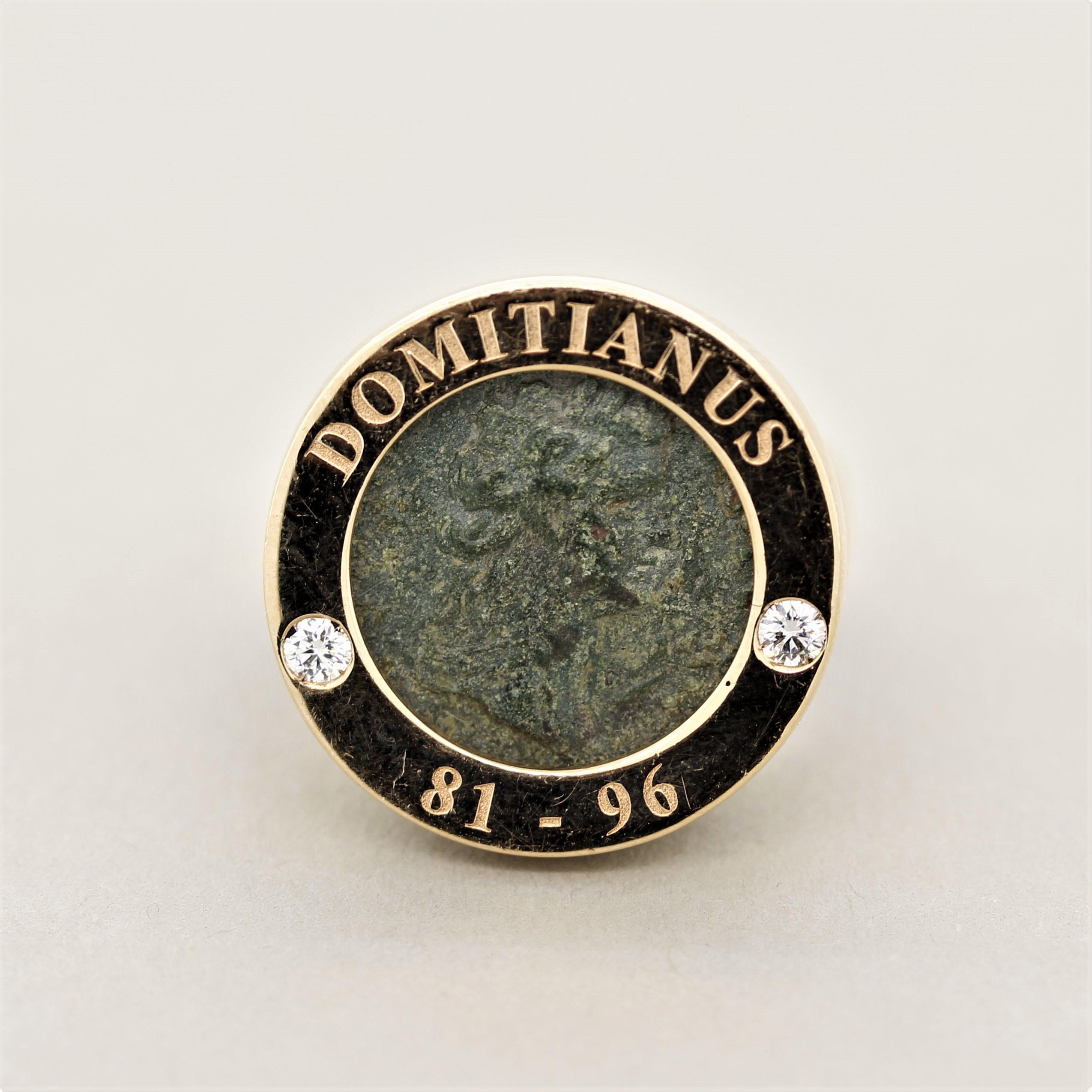 A ring made in Italy using a true ancient coin! The ring is made in 18k rose gold and has two round brilliant cut diamonds set on its top weighing a total of 0.11 carats. Set in the middle of the ring is an ancient coin over 2 centuries old, circa