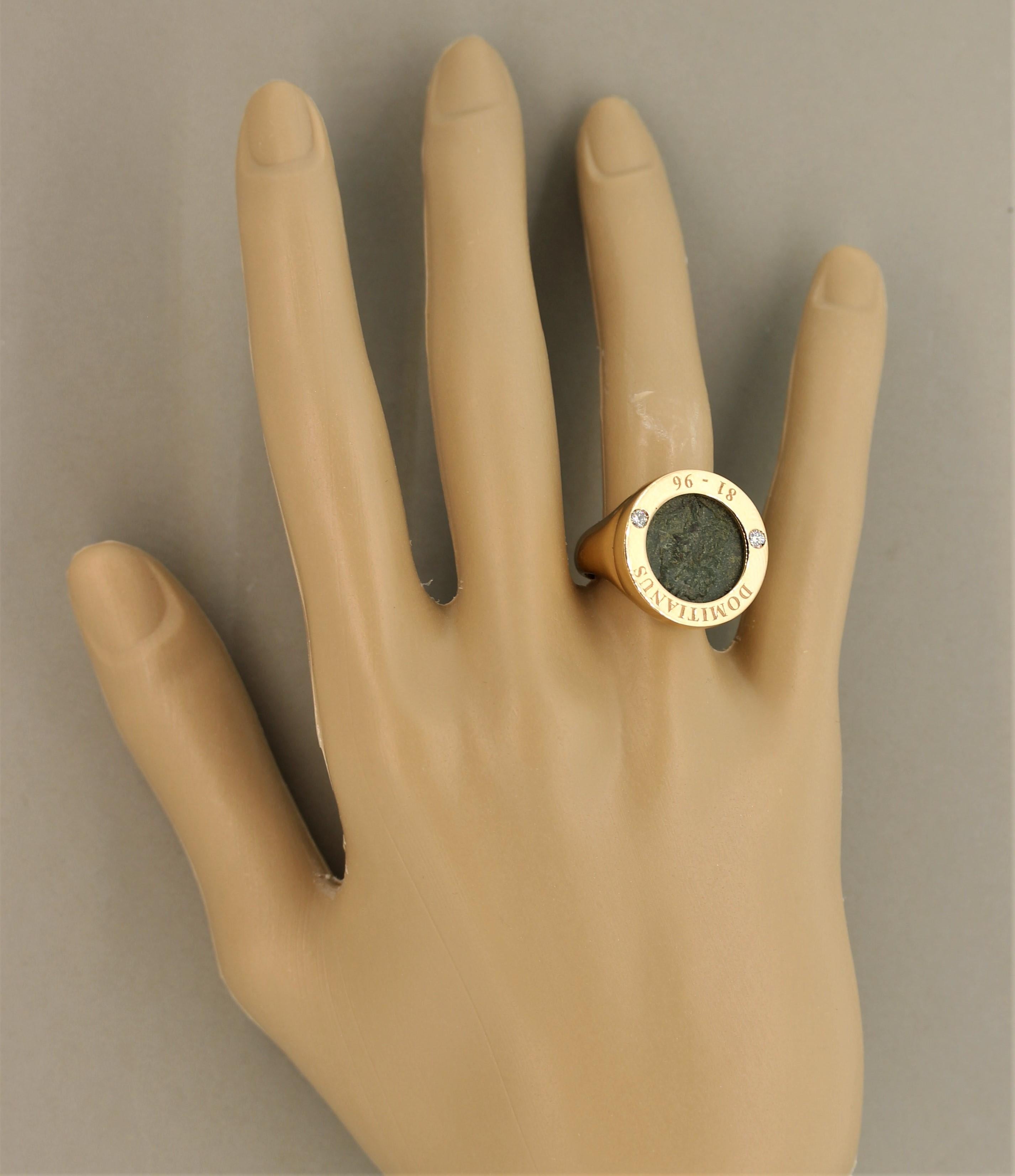 Round Cut Italian Ancient Coin Diamond Gold Ring For Sale