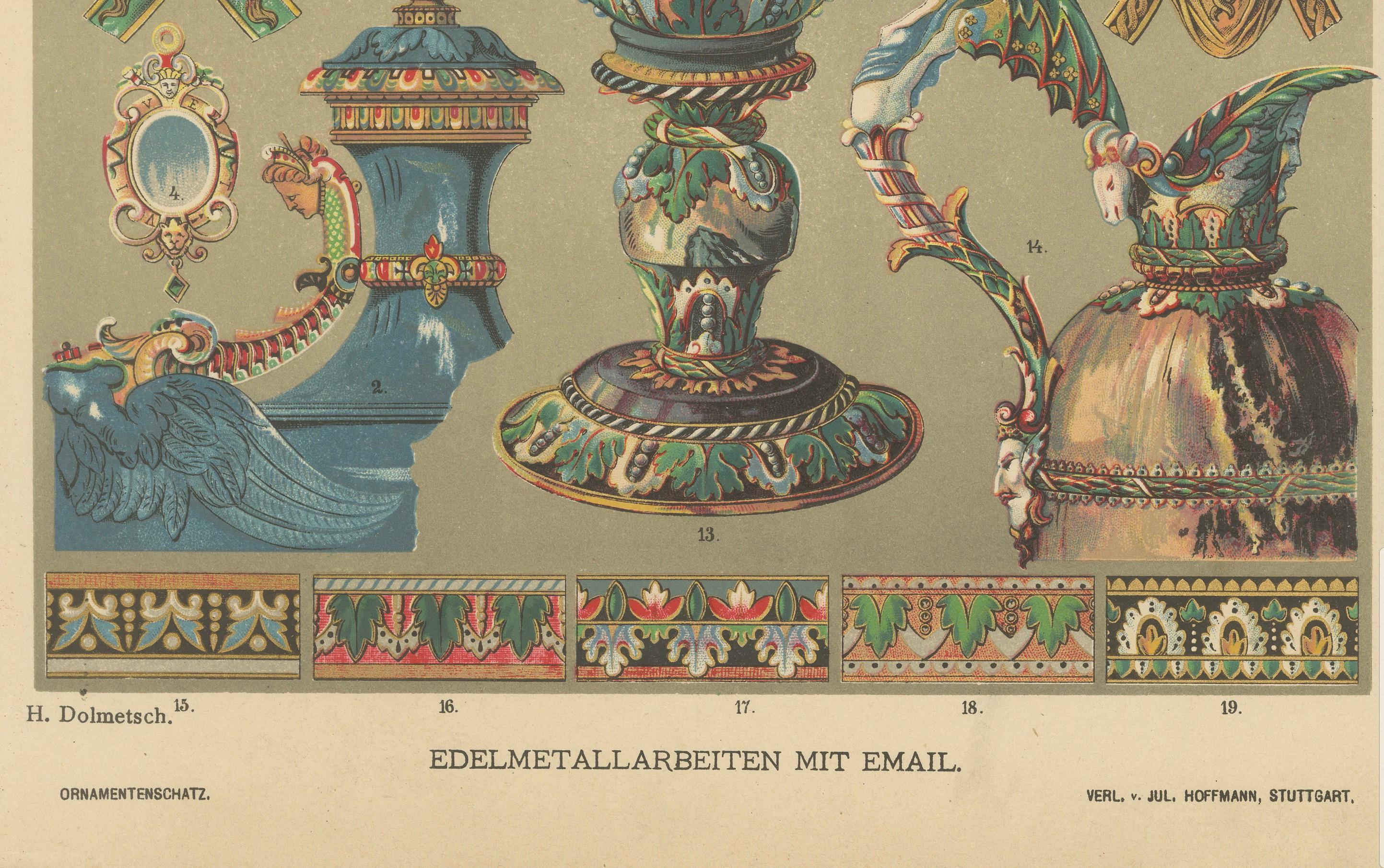 This print displays an exquisite collection of Italian and French Renaissance enamel metalwork designs, rich in detail and color.  

The print is part of a collection by Heinrich Dolmetsch, a notable artist and illustrator who specialized in