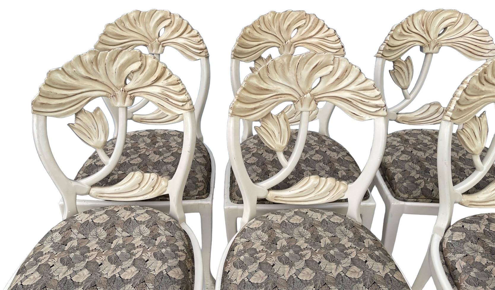 Italian Andre Originals Lotus Carved Wood Art Nouveau Style Dining Chairs - S/8 In Good Condition For Sale In Kennesaw, GA