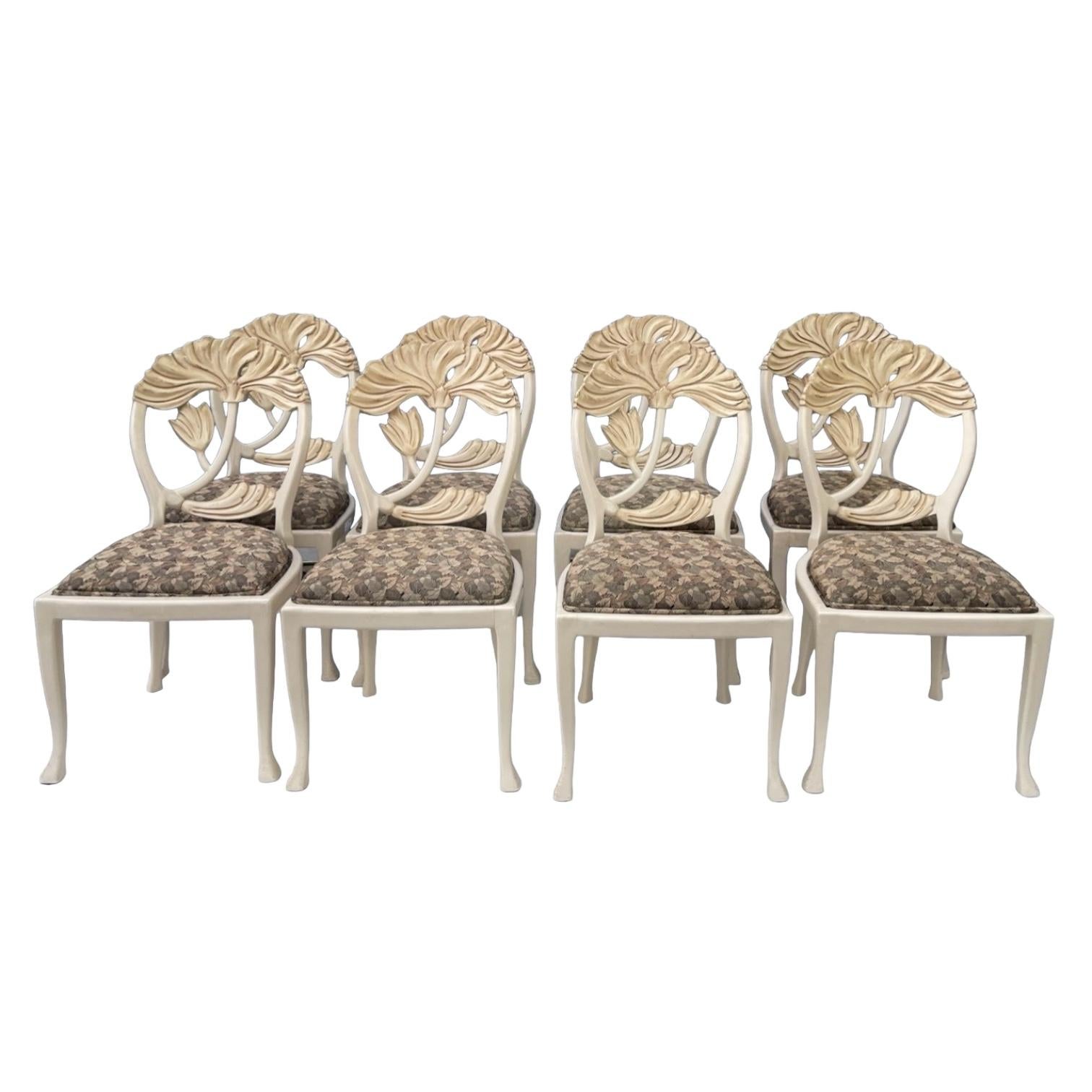 Italian Andre Originals Lotus Carved Wood Art Nouveau Style Dining Chairs - S/8