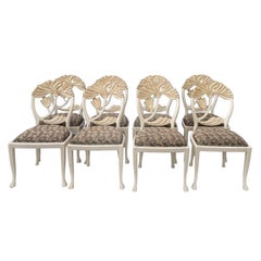 Retro Italian Andre Originals Lotus Carved Wood Art Nouveau Style Dining Chairs - S/8