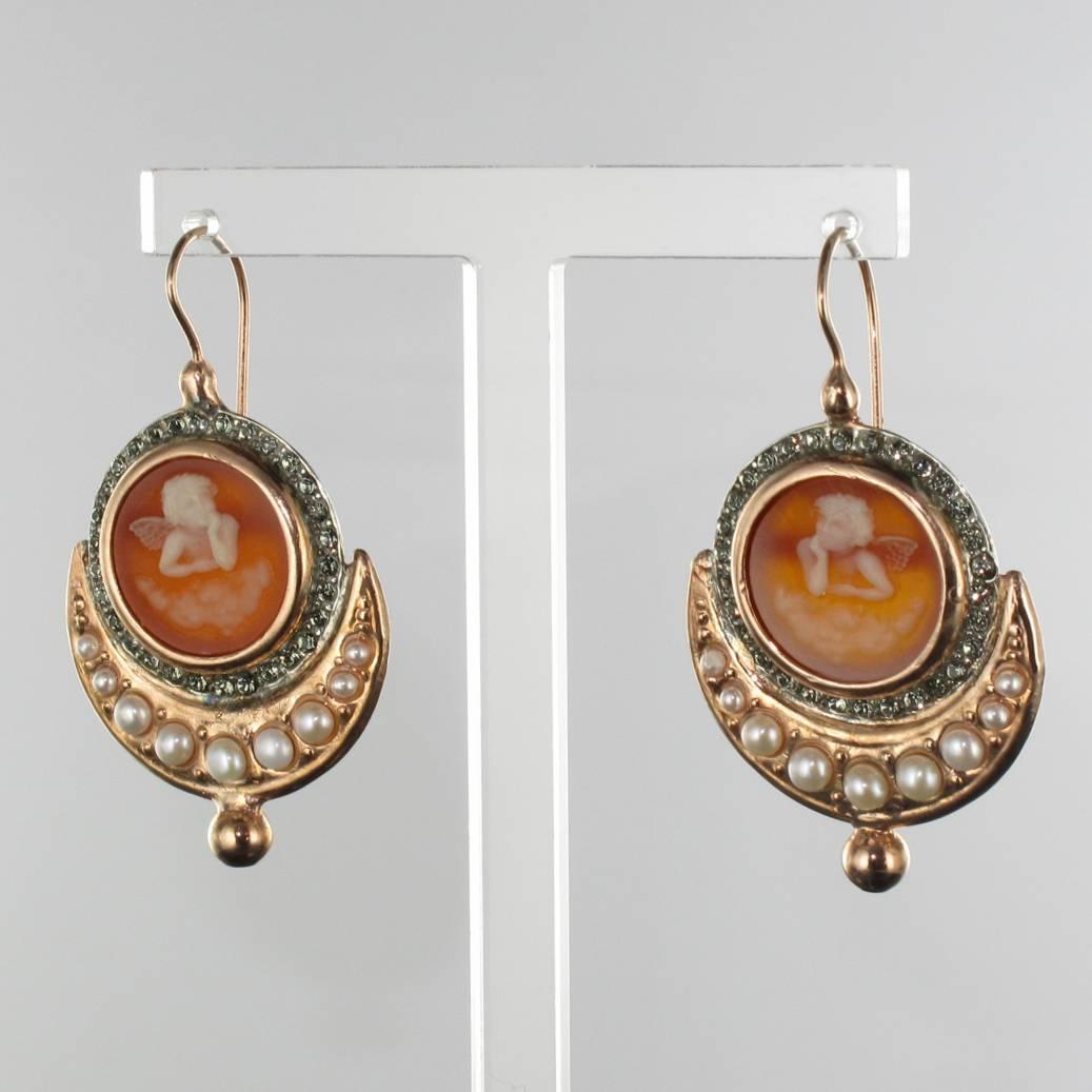 Greek Revival Italian Angel Cameo Pearls Vermeil Drop Earrings