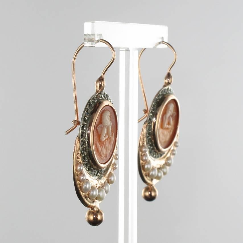 Italian Angel Cameo Pearls Vermeil Drop Earrings 3