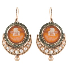 Italian Angel Cameo Pearls Vermeil Drop Earrings