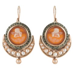 Italian Angel Cameo Pearls Vermeil Drop Earrings