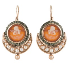 Italian Angel Cameo Pearls Vermeil Drop Earrings