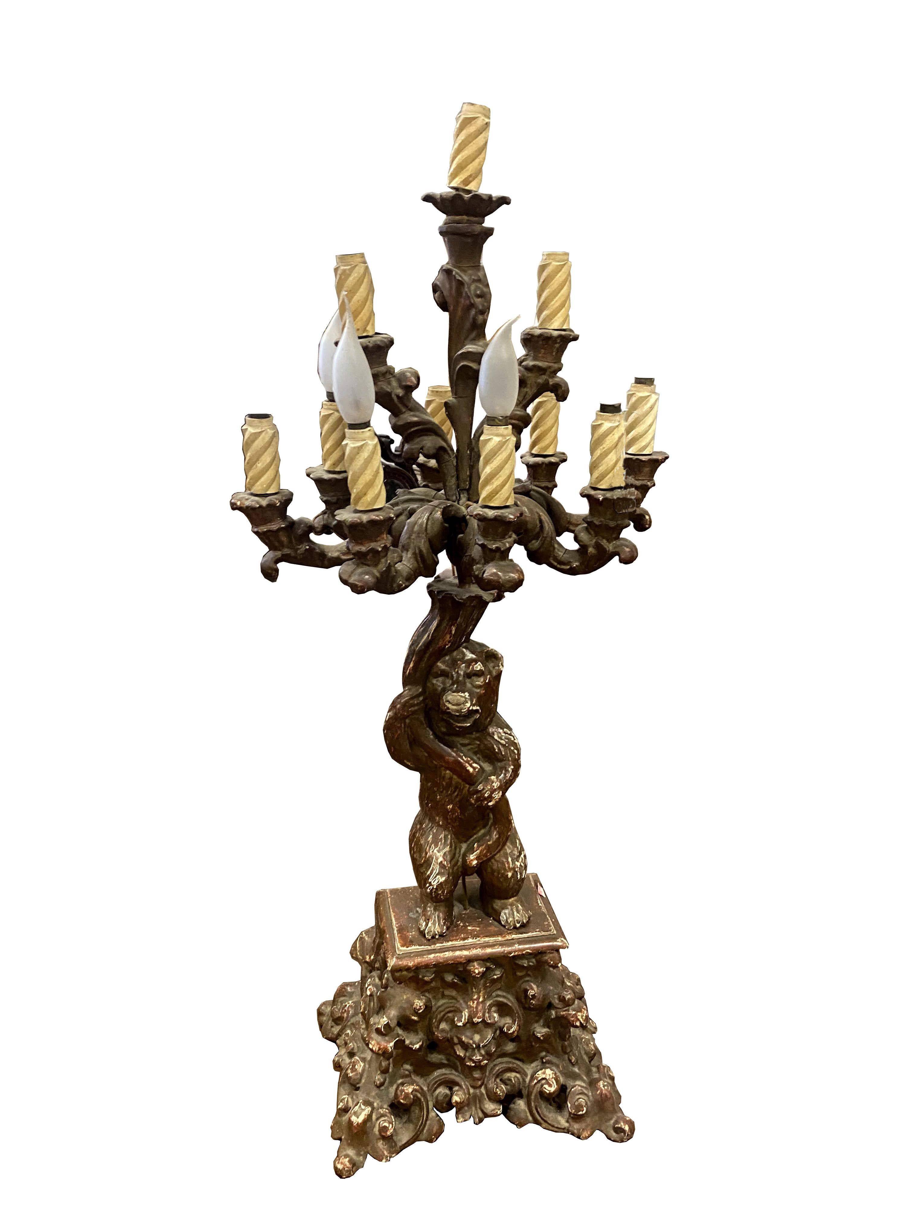 Italian Antique 17th Century Hand carved wood Candelabra on a Renaissance base.  For Sale 14