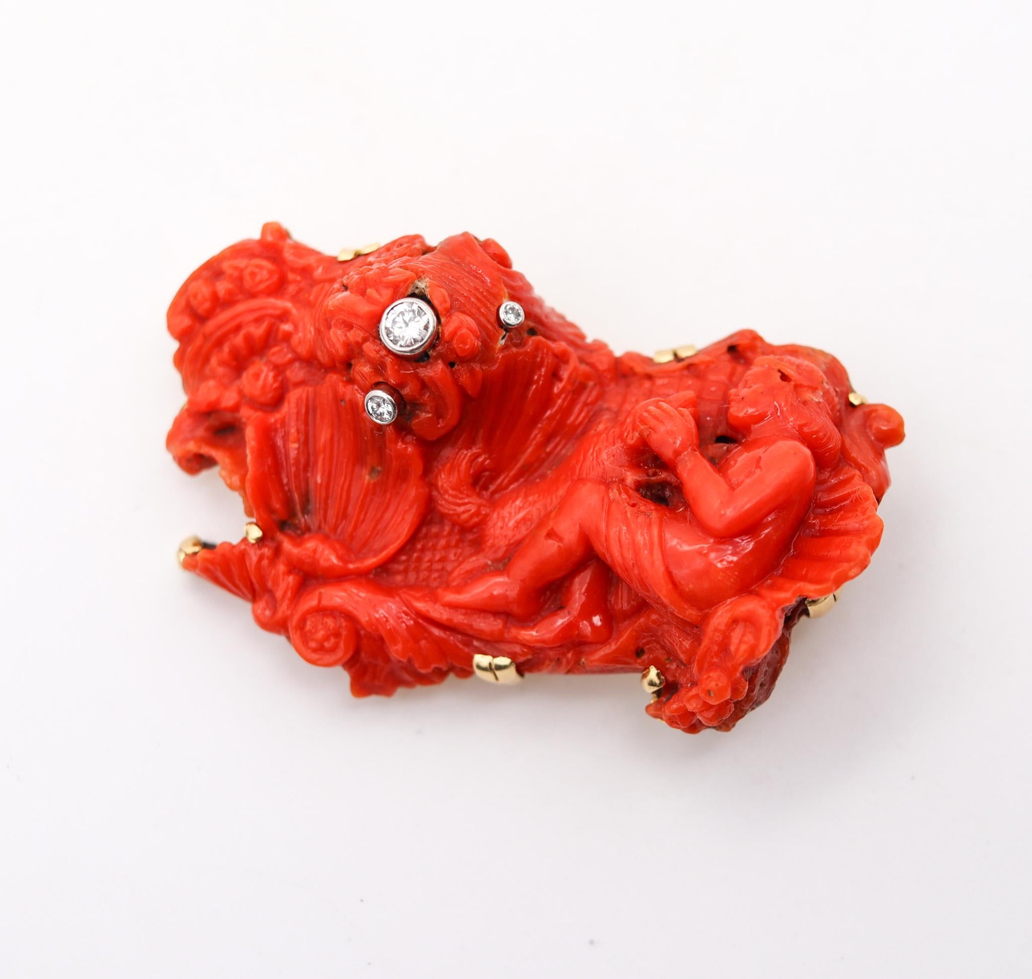 Mixed Cut Italian Antique 18th Century Mythological Carved Coral 18Kt Gold With Diamonds For Sale