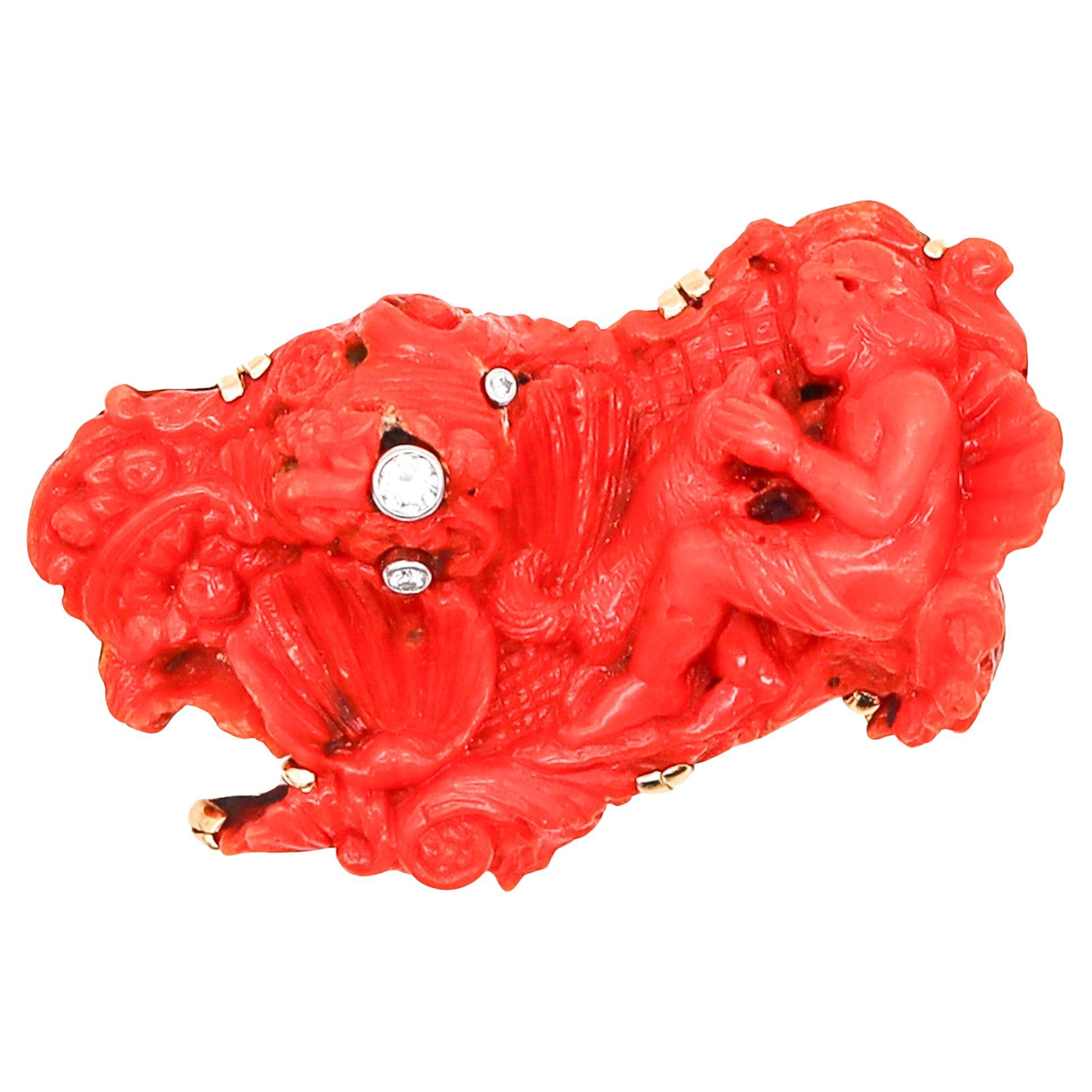 Italian Antique 18th Century Mythological Carved Coral 18Kt Gold With Diamonds For Sale
