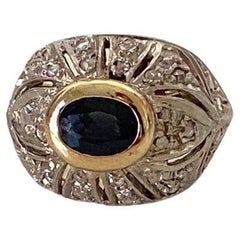Vintage Italian 1930 Sapphire and Diamonds White and Yellow Gold Antique Ring
