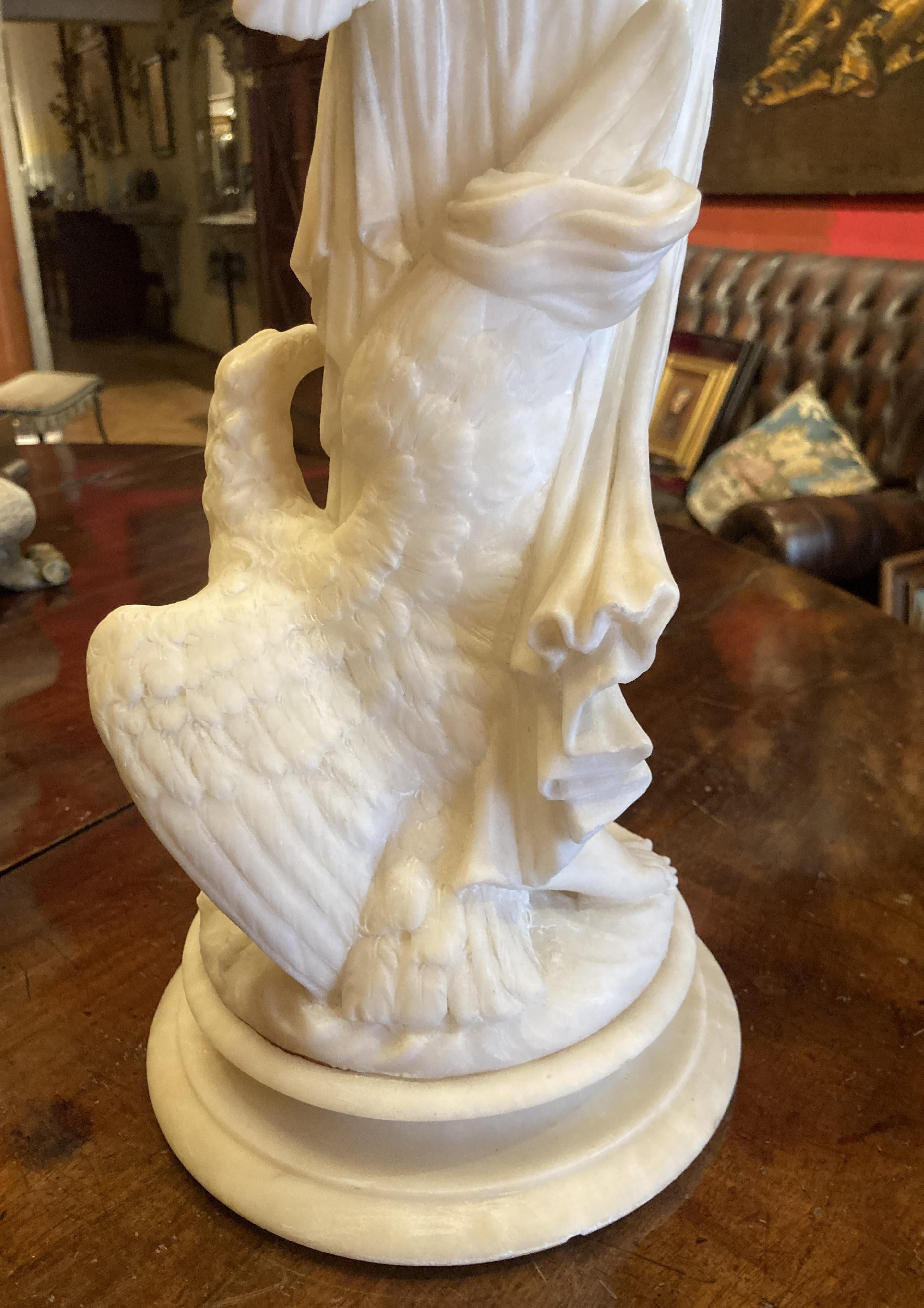 Hand-Carved Italian Antique 19th Century Alabaster Female Sculpture of Hebe with Eagle