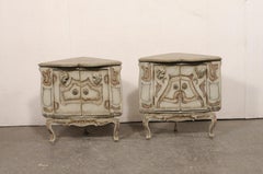 Italian Antique 2.5 Ft Tall Ornately Decorated Corner Cabinets, Pale Green