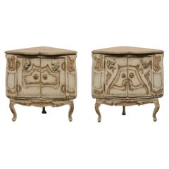 Italian Antique 2.5 Ft Tall Ornately Decorated Corner Cabinets, Pale Green