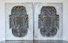 Italian Antique Architectural Wrought Iron Grill Painted Wood Wall Panel Pair