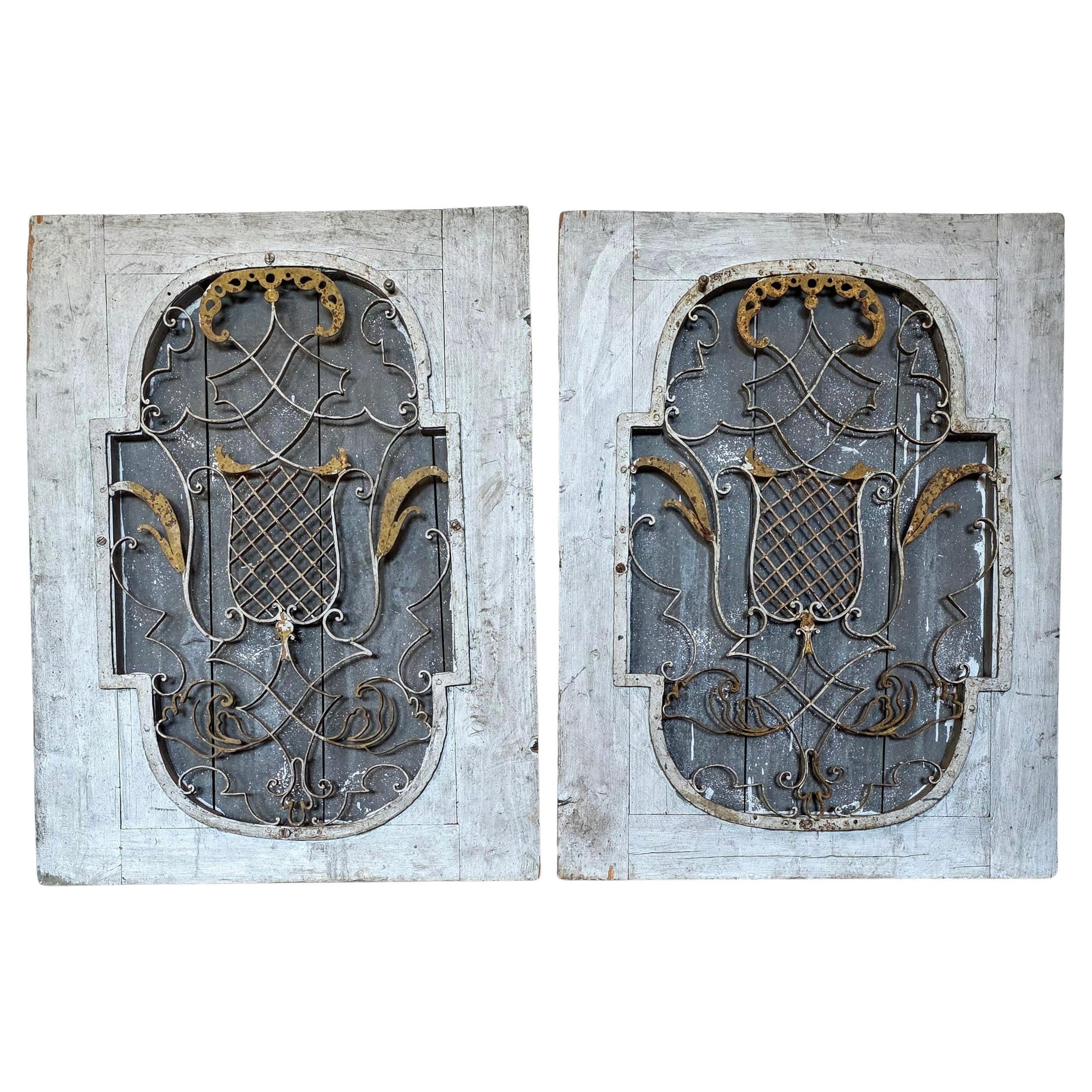 Italian Antique Architectural Wrought Iron Grill Painted Wood Wall Panel Pair