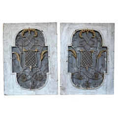 Italian Antique Architectural Wrought Iron Grill Painted Wood Wall Panel Pair