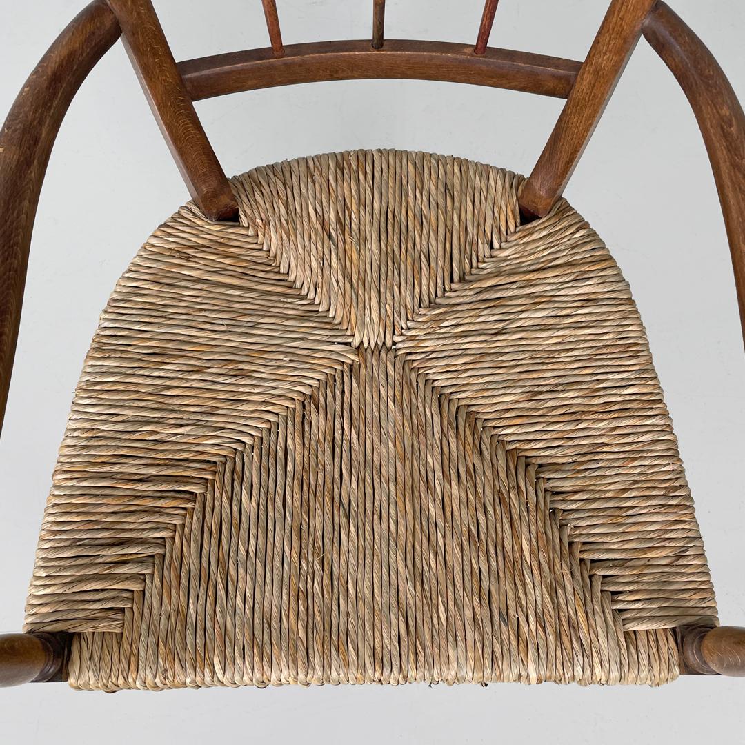 Italian mid-century modern armchairs wood and straw with two brass feet, 1950s For Sale 7