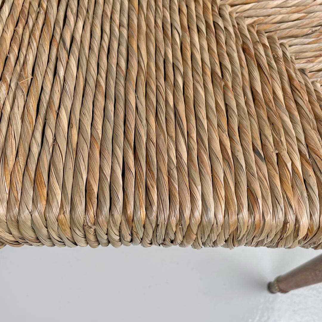 Italian mid-century modern armchairs wood and straw with two brass feet, 1950s For Sale 9