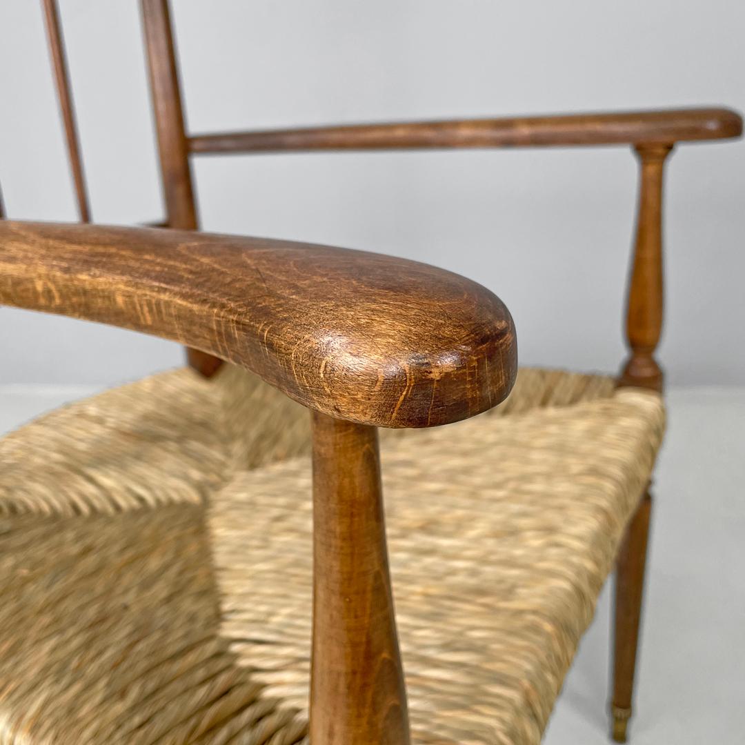 Italian mid-century modern armchairs wood and straw with two brass feet, 1950s For Sale 11