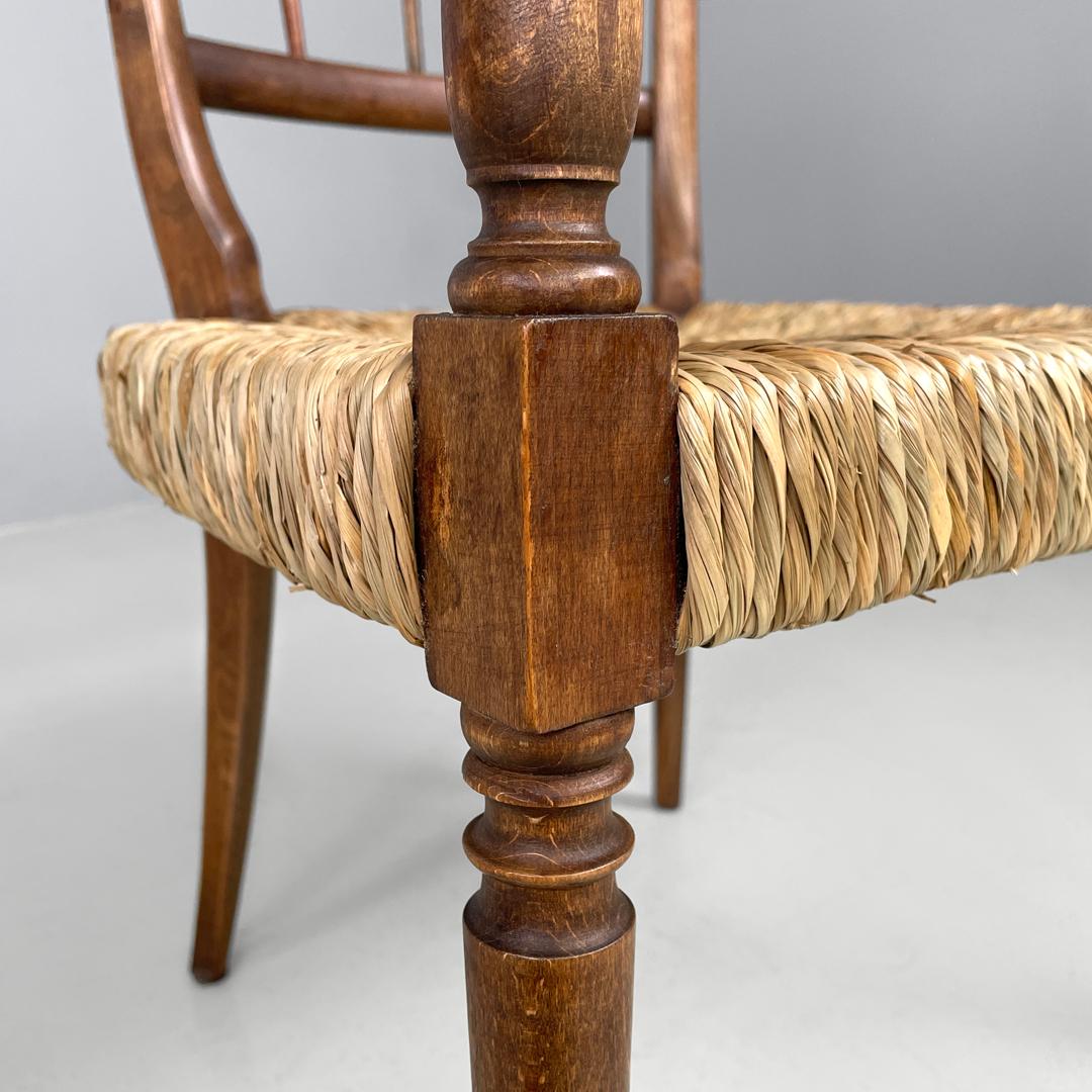 Italian mid-century modern armchairs wood and straw with two brass feet, 1950s For Sale 12