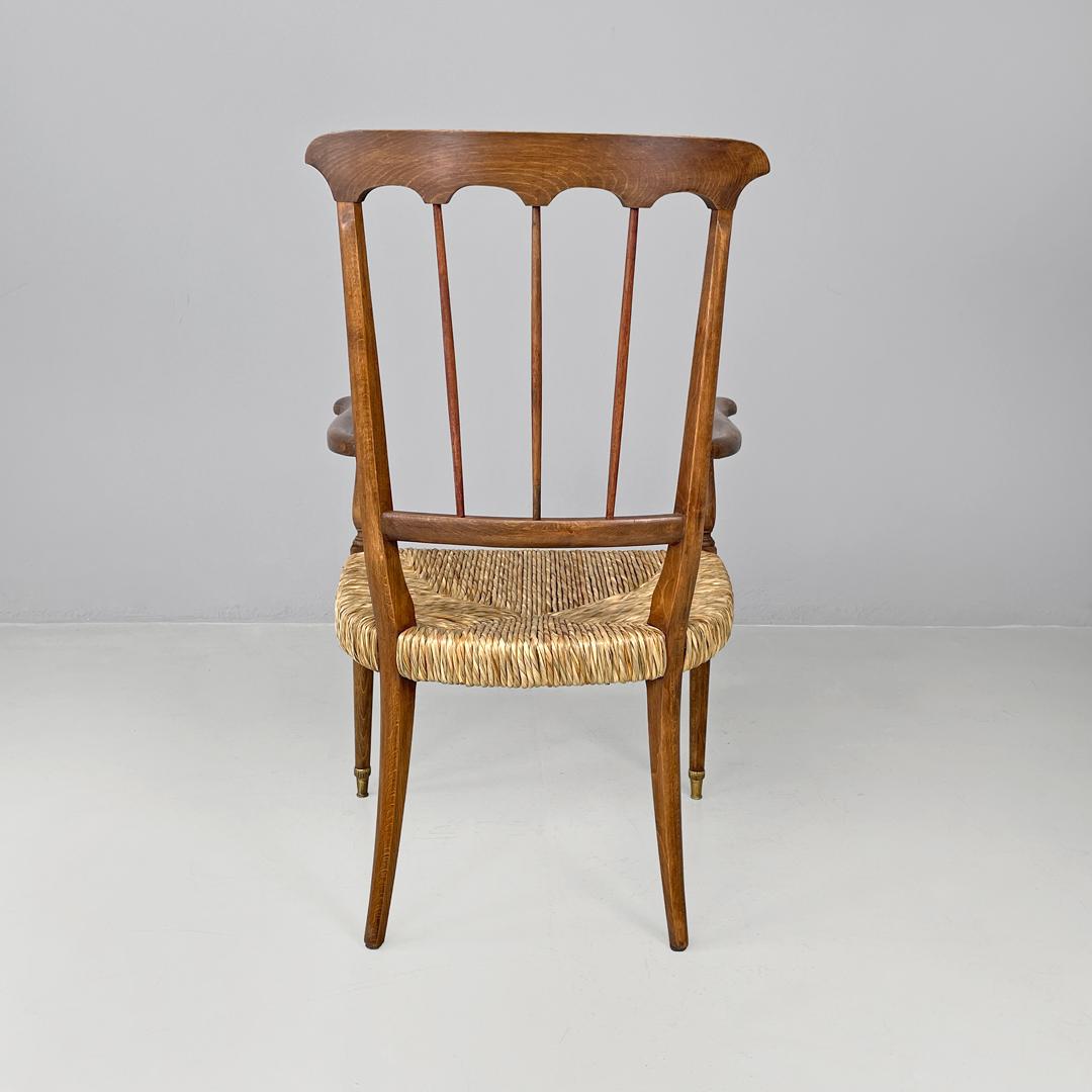 Italian mid-century modern armchairs wood and straw with two brass feet, 1950s For Sale 2