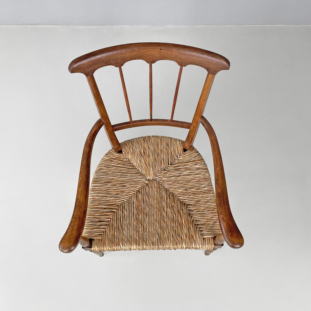 Italian mid-century modern armchairs wood and straw with two brass feet, 1950s For Sale 3