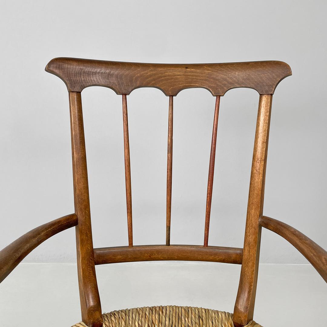Italian mid-century modern armchairs wood and straw with two brass feet, 1950s For Sale 4