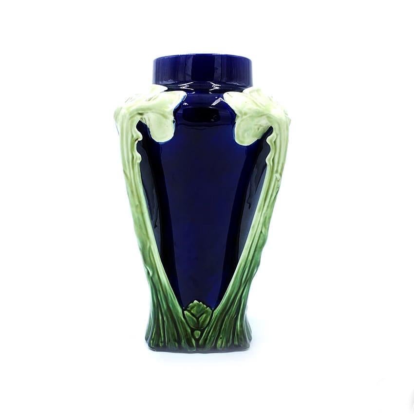 Art Nouveau Italian Antique Blue and Green Floral Ceramic Liberty Vase, 1900s For Sale
