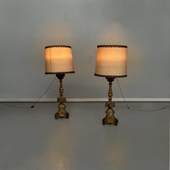 Lampes candélabres italiennes anciennes en bois peint en or et tissu beige, années 1800