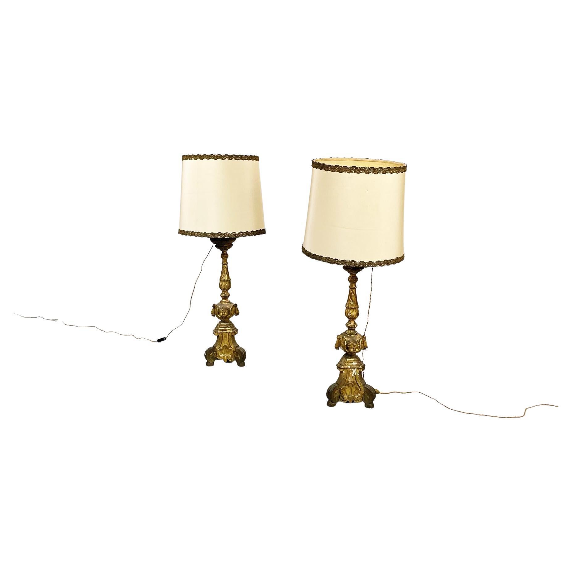 Italian Antique Candelabra Lamps in Gold Painted Wood and Beige Fabric, 1800s For Sale