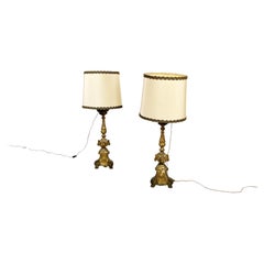 Italian Antique Candelabra Lamps in Gold Painted Wood and Beige Fabric, 1800s