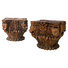 Italian antique Capitals in engrave wood with gargoyle and human face, 1600s