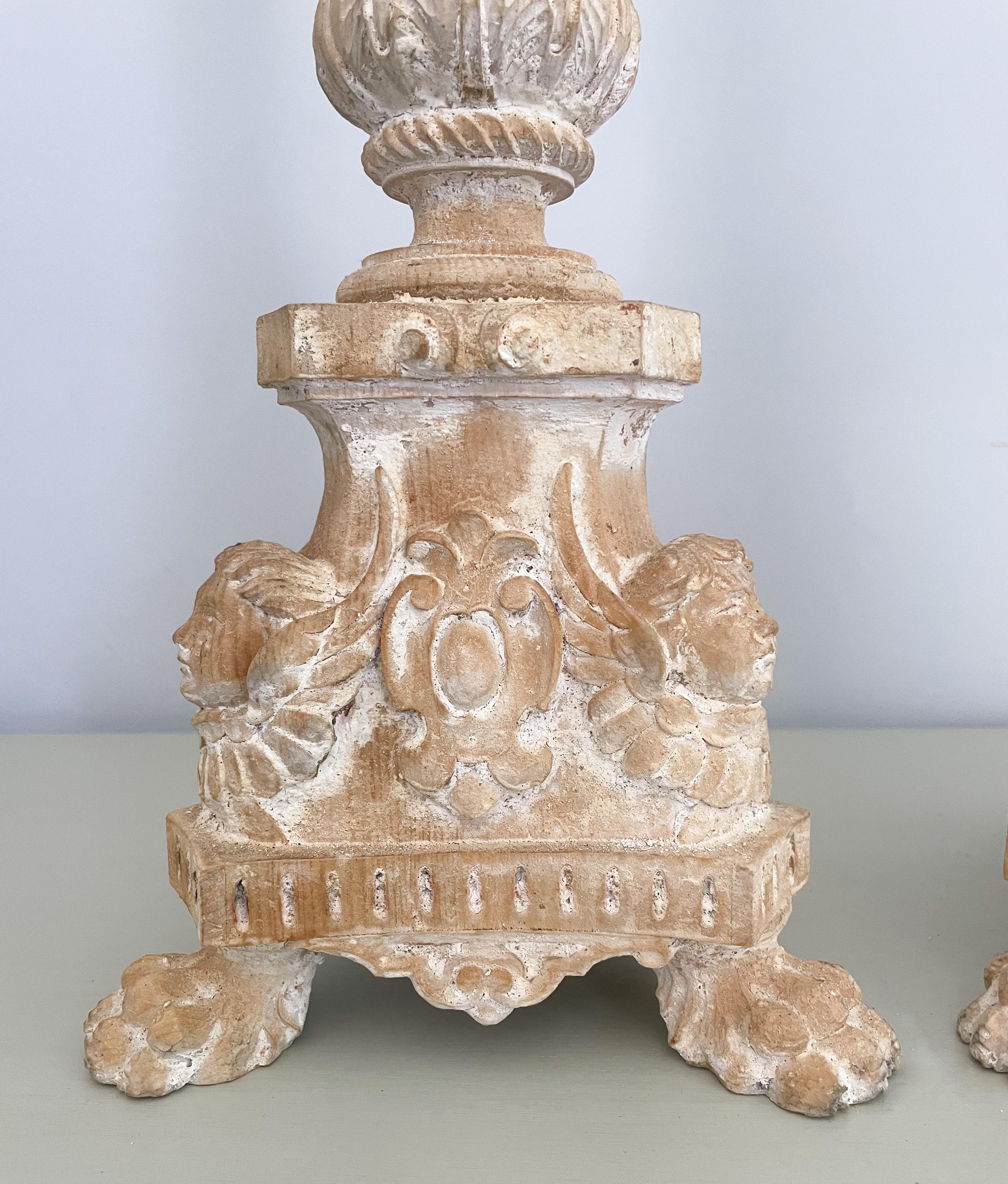 Baroque Italian Antique Carved Wood Pricket Lamps
