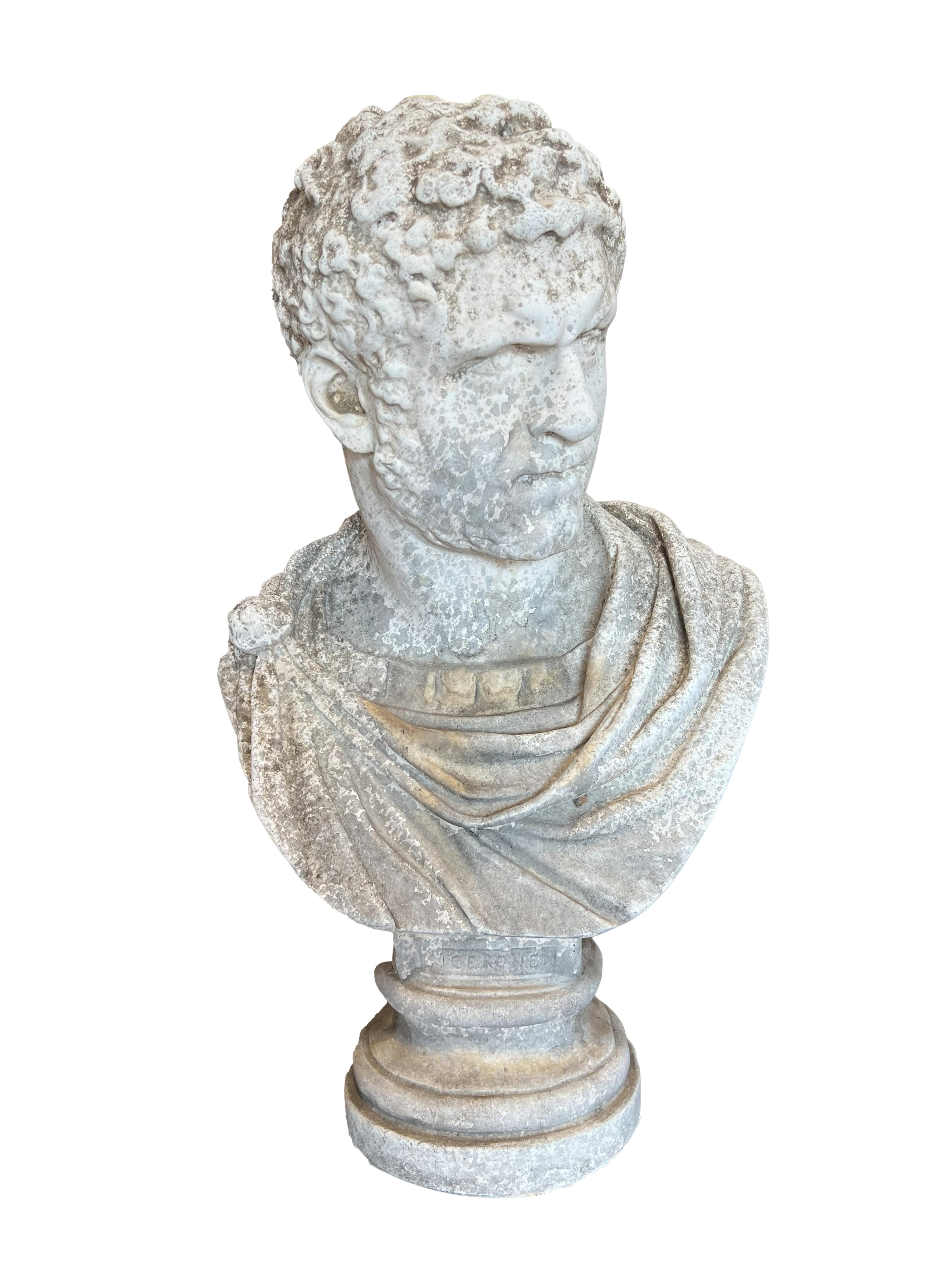Late 19th century carved stone bust of Marcus Aurelius Antoninus (born Lucius Septimius Bassianus, 4 April 188 – 8 April 217), better known by his nickname Caracalla was Roman emperor from 198 to 217 AD. He was a member of the Severan dynasty, the