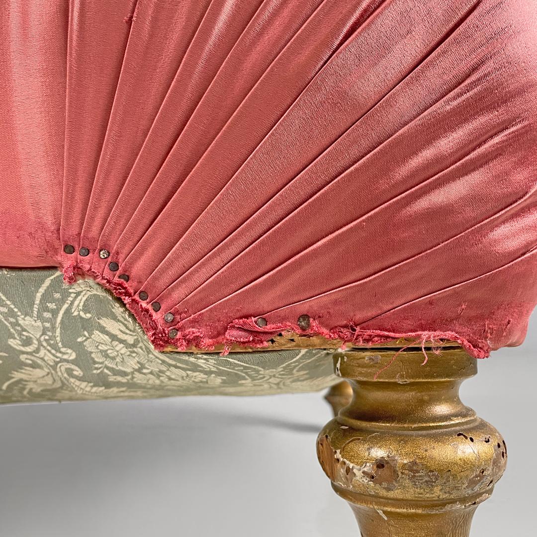 Italian antique chaise longue in pink satin and golden wood with armrests, 1800s For Sale 11