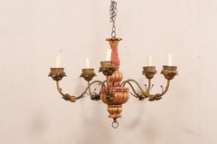 Italian Antique Chandelier w/Carved Center Column, Red & Gold