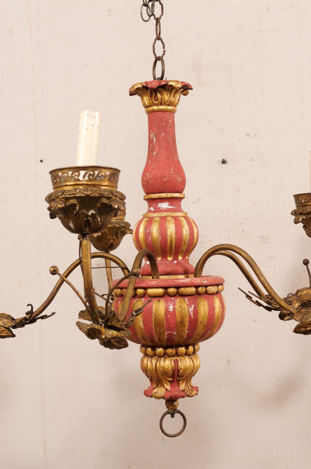 Metal Italian Antique Chandelier w/Carved Center Column, Red & Gold For Sale