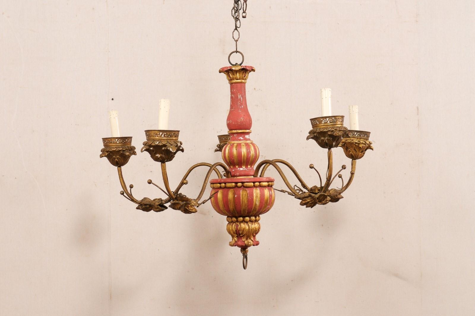 Italian Antique Chandelier w/Carved Center Column, Red & Gold For Sale 1