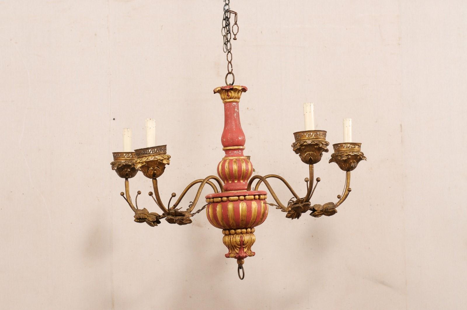 Italian Antique Chandelier w/Carved Center Column, Red & Gold For Sale 2